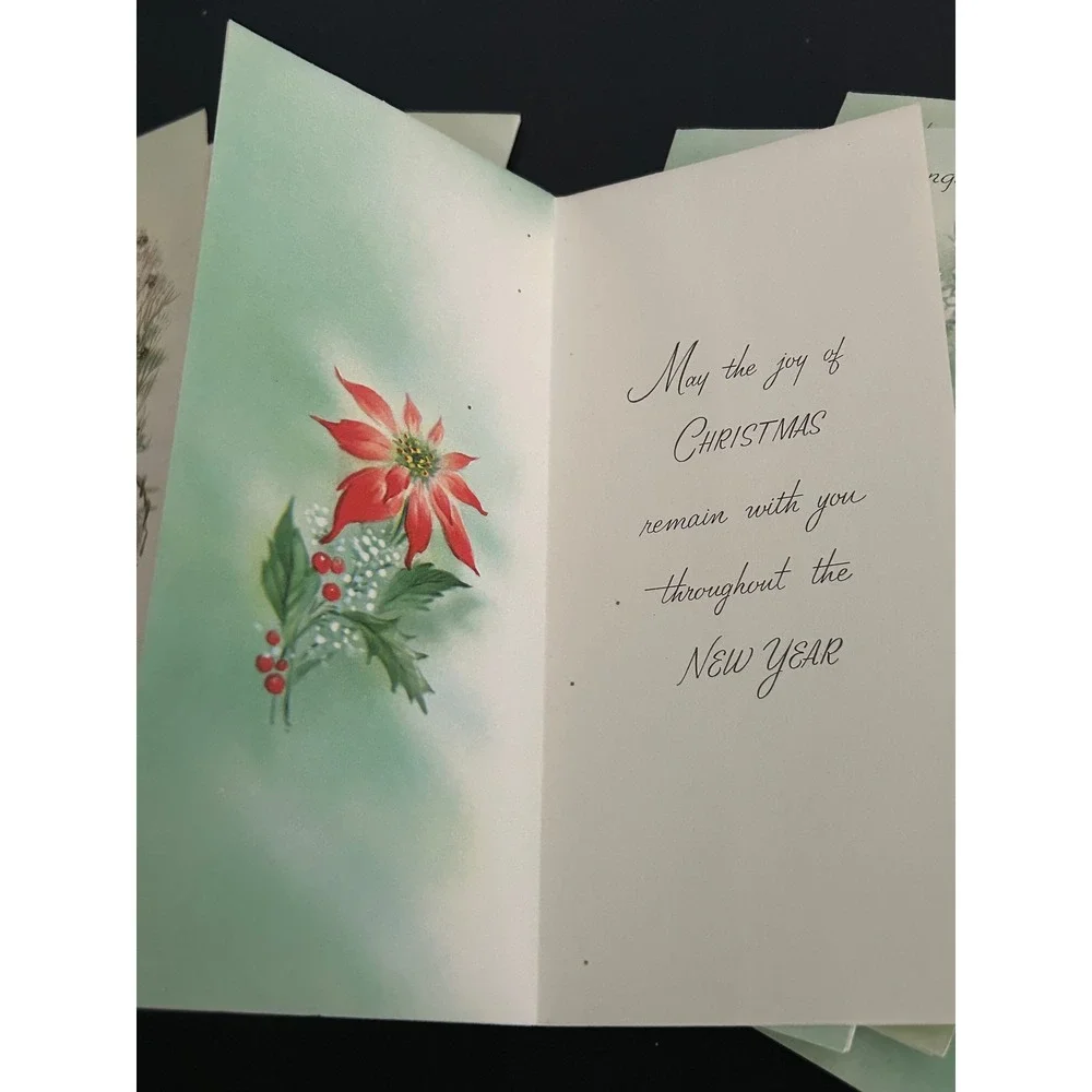 Christmas Cards Glitter Bulk Lot  Vintage Glitter Poinsettia Candle Winter Scene